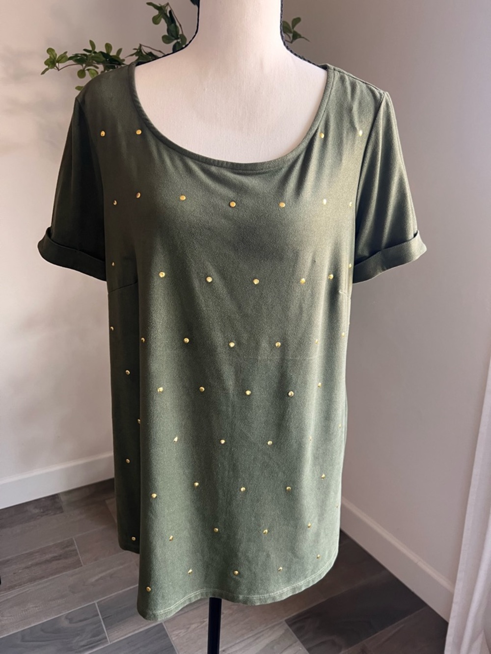 JohnPaulRichard Women’s Olive Green Short Sleeve Top with Gold Studs